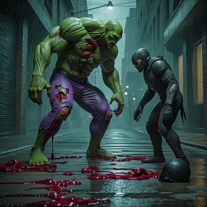 "Realistic brutal encounter between a massive green humanoid bea...