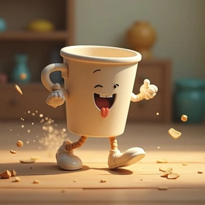 "The quirky cup with two newly sprouted legs starts sprinting en...
