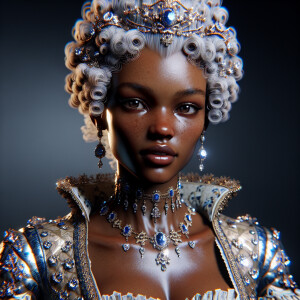 "Light skin African-American Rococo noblewoman", elaborate blue...