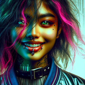 A young woman with dark, messy hair and pink streaks peeks out a...