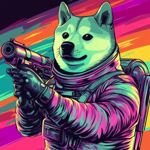 MEME DOGE in GTA art style — a laser gun in a chrome space suit...
