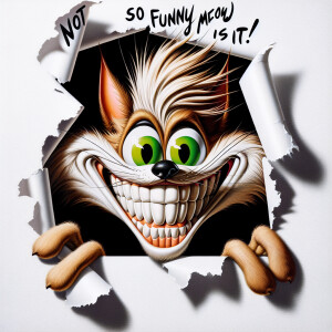 A cartoonish cat with wild, tan tufted hair, a wide grin reveali...