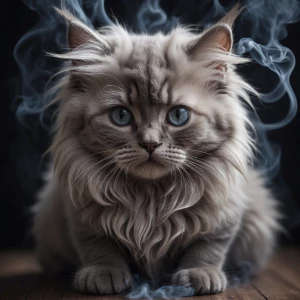 Long-haired cat made out of smoke, very sad look on his face