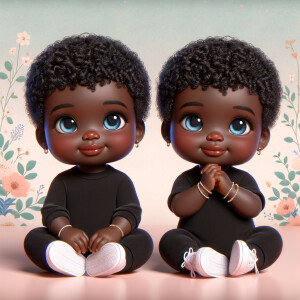 Imagine a pair of adorable, 3D animated african-American, infant twins with radiant blue eyes and curly black hair, posed with their chubby cheeks resting in their hands. They're dressed in simple yet stylish black onesies. Delicate jewelry adorns their wrists. They're seated comfortably with white sneakers on their feet. The background is a soft pastel floral pattern, creating an atmosphere of innocence and charm, without any text present in the image.