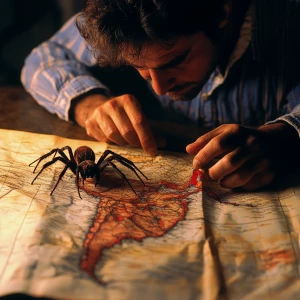 A good-looking sound arachnologist looking at a map of South Ame...
