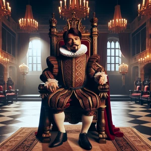 Create a digital portrait of Lord Farquaad, the antagonist from the Shrek film series, capturing his distinctive medieval attire, pompous expression, and short stature while sitting on his extravagant throne in Duloc Castle.