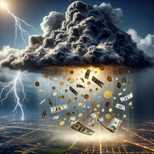 Thunderstorm raining money and gold coins