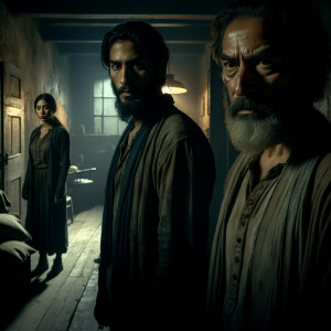 Two men and one woman are in a dark old dirty house at night