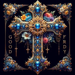 Create an image of a majestic cross, larger in size, with a harm...