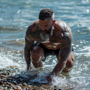 Describe the image of a muscular man with an extensive tattoo on...