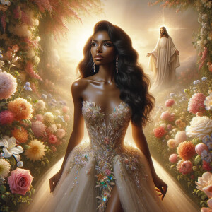 Imagine an elegant African-American bride in a radiant moment. H...
