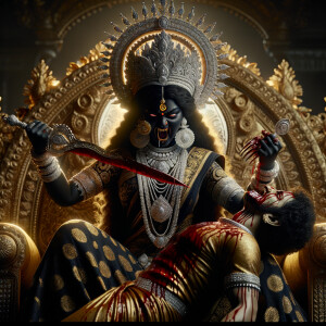 portrait of extremly angry looking goddess durga, black skinned, sitting on a gold crown and carrying a weak mahishasur on her lap and stabbing him with her amazing long red finger nails. She is wearing diamond armor, a huge diamond crown, black saree, abundant diamond jewelry, covered in blood. The scene is set in ancient India. The image is 8K resolution, cinematic, ultra detailed face and epic.