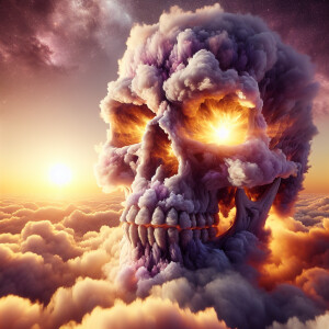 a huge detailed cloudy skull at golden magical sunset,