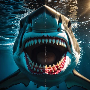 Ultra-realistic, dramatic frontal view of a massive shark with its jaws wide open, revealing rows of razor-sharp teeth. The camera is half-submerged, perfectly splitting the image—above the waterline, the sharks’s intense, piercing eyes stare directly ahead, with water droplets on its rough, scaly skin. Below the waterline, its powerful open mouth is fully visible, showing sharp teeth and a dark throat, with tiny air bubbles escaping. The waterline is sharply defined, creating a split view of the murky underwater world and the bright, natural  scenery above. Sunlight refracts through the water, casting a cinematic glow. Highly detailed, National Geographic photography style, 8K resolution, hyper-realistic textures, dramatic lighting, intense and suspenseful atmosphere."