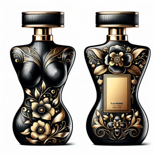 Design, a black and gold perfume bottle in the shape of a woman’s body with flowers and the name Karen