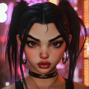 girl with black hair, big black eyebrows, pumped up lips, potato...