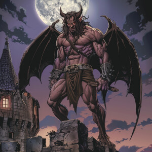 comic style, 8k, a muscular gargoyle with lavender skin, long da...