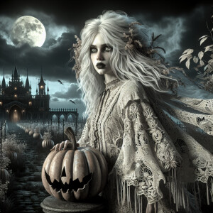 whimsical alluring female ghost , large expressive eyes, ornate...
