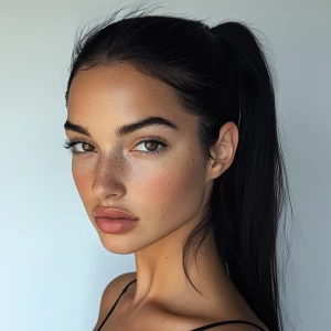 a woman, look to the camera, close up photo, High pony tail hair...