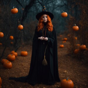 Light ginger haired female dressed as witch