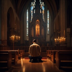 "Illustrate a scene of a man kneeling in solemn prayer within th...