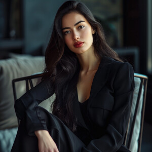 Fair-skinned woman with dark long hair, elegant and composed, si...