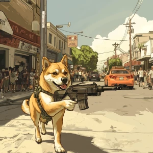 DOGE meme..walking down crowded street shooting a machine gun, i...
