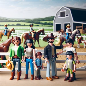 A playmobil family visiting a Horse ranch and rising Horses