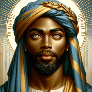 Create a beautiful African-American Jesus Christ with Hazel, brown eyes and blue and gold robe