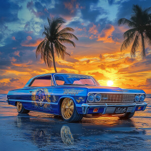 a heavily modified, lowrider blue 1965 Impala with custom wheels...