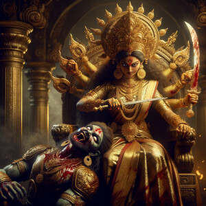 portrait of angry looking goddess durga sitting on a gold crown...