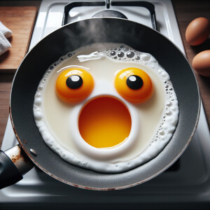 A giant fried egg that looks like an astonished emoji with big e...