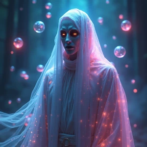A shimmering ethereal warlock, his form a blend of glitchy pixel...