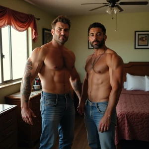 Create an image depicting a muscular, hairy trucker proudly show...