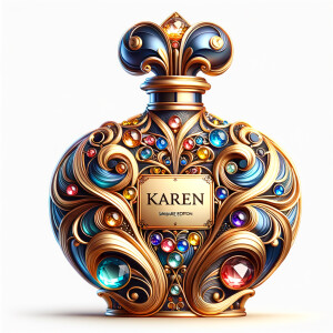 Create a 3-D realistic gold and  blue, colorful jewels perfume bottle
In the shape of a women’s body with the name Karen