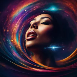 Design a surreal cosmic artwork featuring a human face transform...