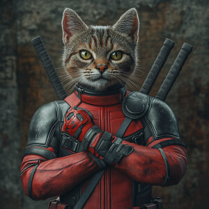 An anthropomorphic cat dressed in a fitted Deadpool costume,  st...