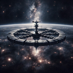 Giant space station realism black background , starry space with...