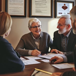 "A warm and professional setting where an elderly couple reviews...