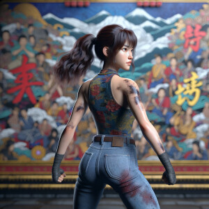 Athletic Thin skinny Attractive, Asian teenage girl, long brown hair and bangs, wearing tight skinny jeans and a halter top paint marks on her clothing, heroic pose Asian graffiti background, backside view