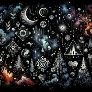 Black background scattered with beautiful watercolor celestial d...