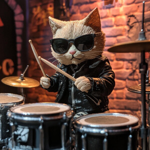 A full-body image of a cat dressed in sunglasses and a black lea...