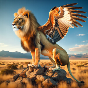 Create a realistic hybrid animal that combines a lion and an eag...