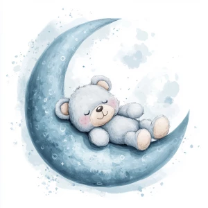 A cute, cartoon teddybear lies on a stylized, soft blue grey crescent moon. The moon shows the crater holes and relief in the surface. The teddy bear is light gray with large, round, pink-spotted ears.  Its body is round and he has expressive eyes.  its facial expression is happy and friendly. The teddy bears posture is relaxed, lying down in the curve of the moon stomach down. his left leg and arm are hanging down. The moon is a soft, shaded blue, with watercolor-like texture and subtle shading. The background is white. The image is in a child-friendly style, showcasing delicate line work and color palettes. The composition is centered on the teddy bear which is positioned lying slumped face down on  the moon, giving the moon a hug with closed eyes. The overall style is sweet, whimsical, and reminiscent of children's book illustrations.  The colors are pastel and soothing, creating a gentle atmosphere.