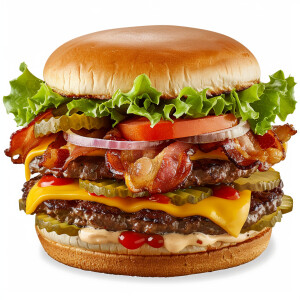 Generate an image of a double cheeseburger featuring crispy baco...