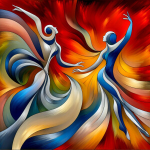 The image is an abstract painting depicting two graceful figures...