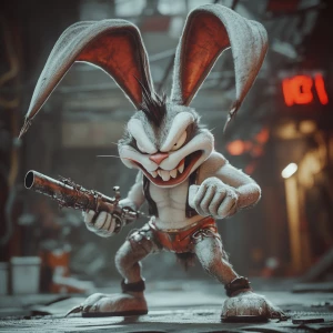 A monstrous Bugs Bunny with elongated ears that resemble twisted...