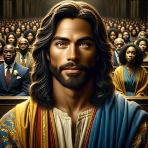 Illustrate an inspiring African-American Jesus crust with a dign...