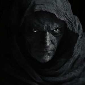 A sinister warlock shrouded in shadows, his piercing eyes glowin...