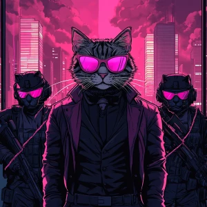 A high-fashion crime boss cat in a luxury penthouse, overlooking...